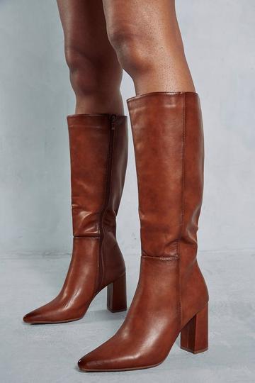 Brown Leather Look Block Heel Knee High Boots