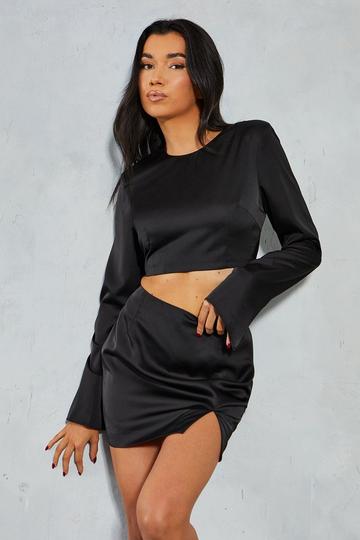 Black Premium Satin Shoulder Pad Split Skirt Co-ord