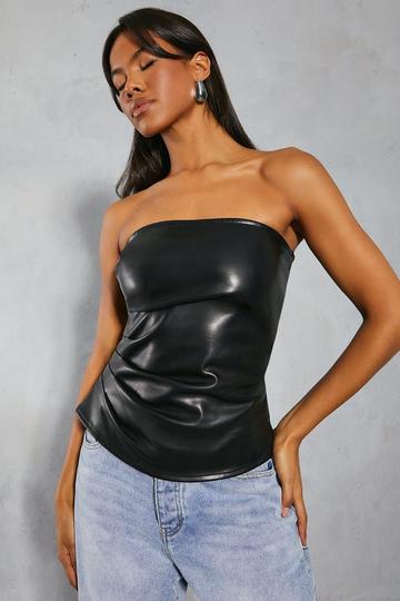 Leather Look Ruched Bandeau Top black