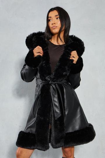 Black Faux Fur Leather Look Belted Midi Length Coat