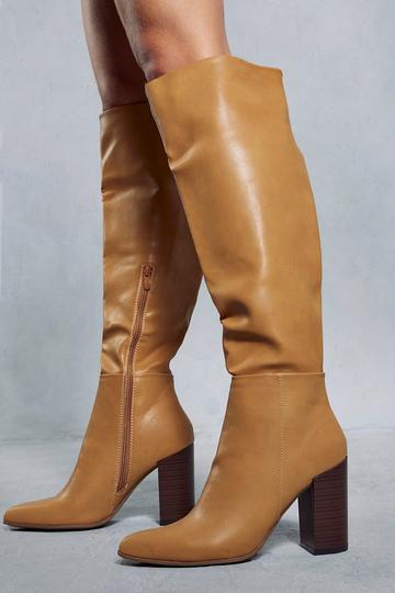 Leather Look Knee High Block Heel Boots camel