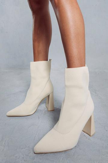 Cream White Knitted Block Heel Ankle Boots