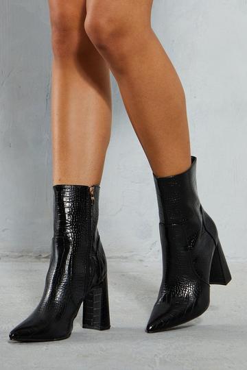 Croc Leather Look Ankle Boots black