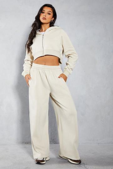 Stone Beige Cropped Zip Through Wide Leg Trouser Co Ord