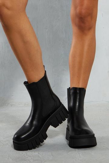 Leather Look Chunky Sole Ankle Boots black
