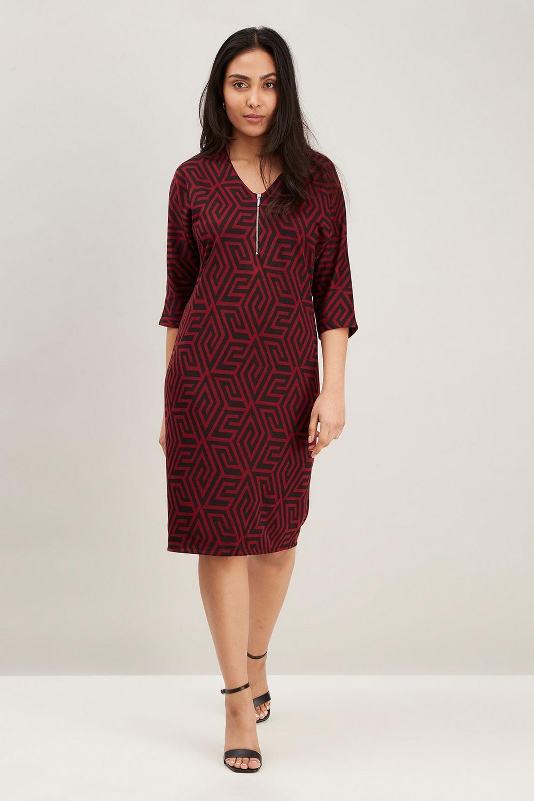 Berry Petite Geometric Jacquard Dress With Zip image number 1