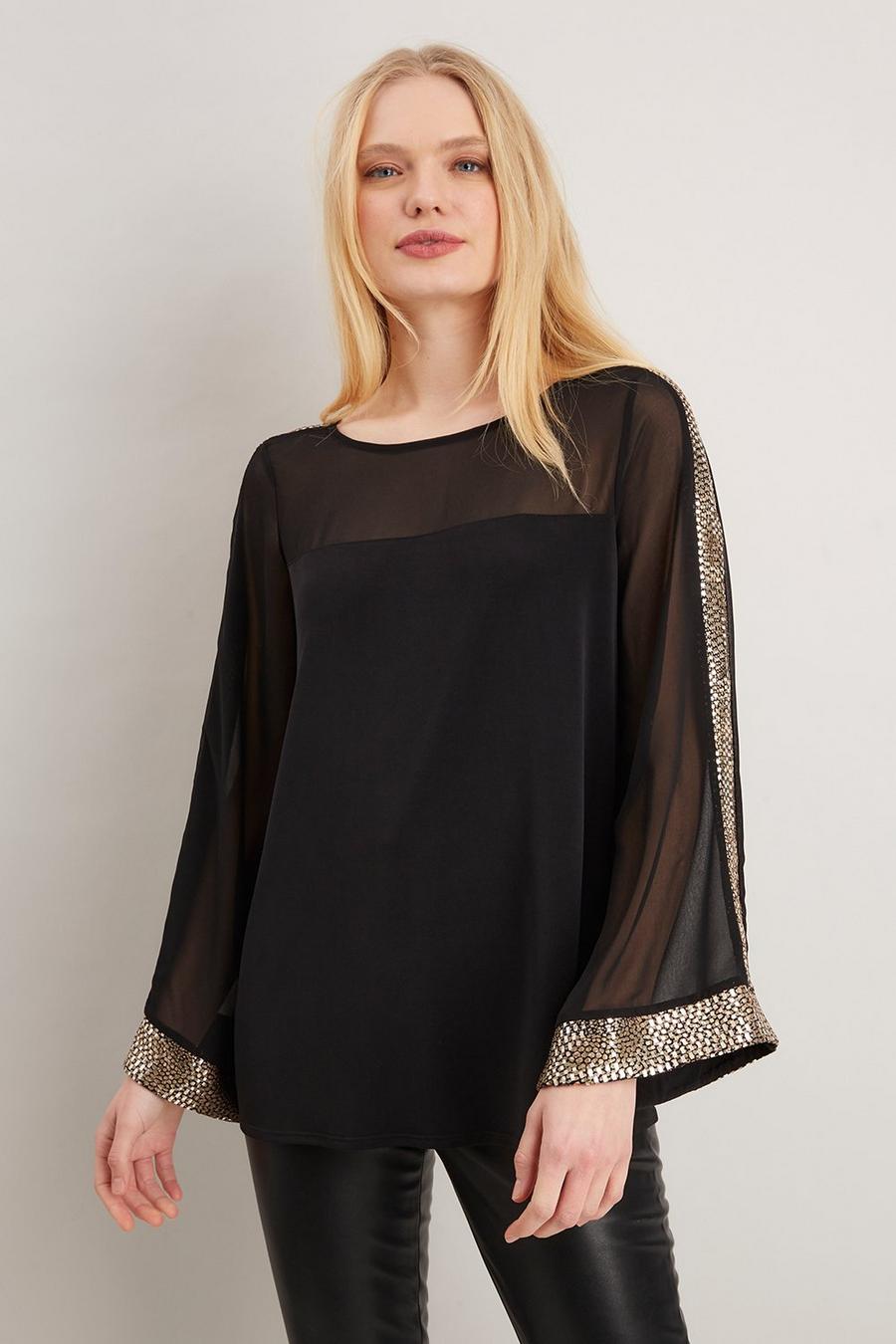 Gold Trim Chiffon Sleeve Party Top