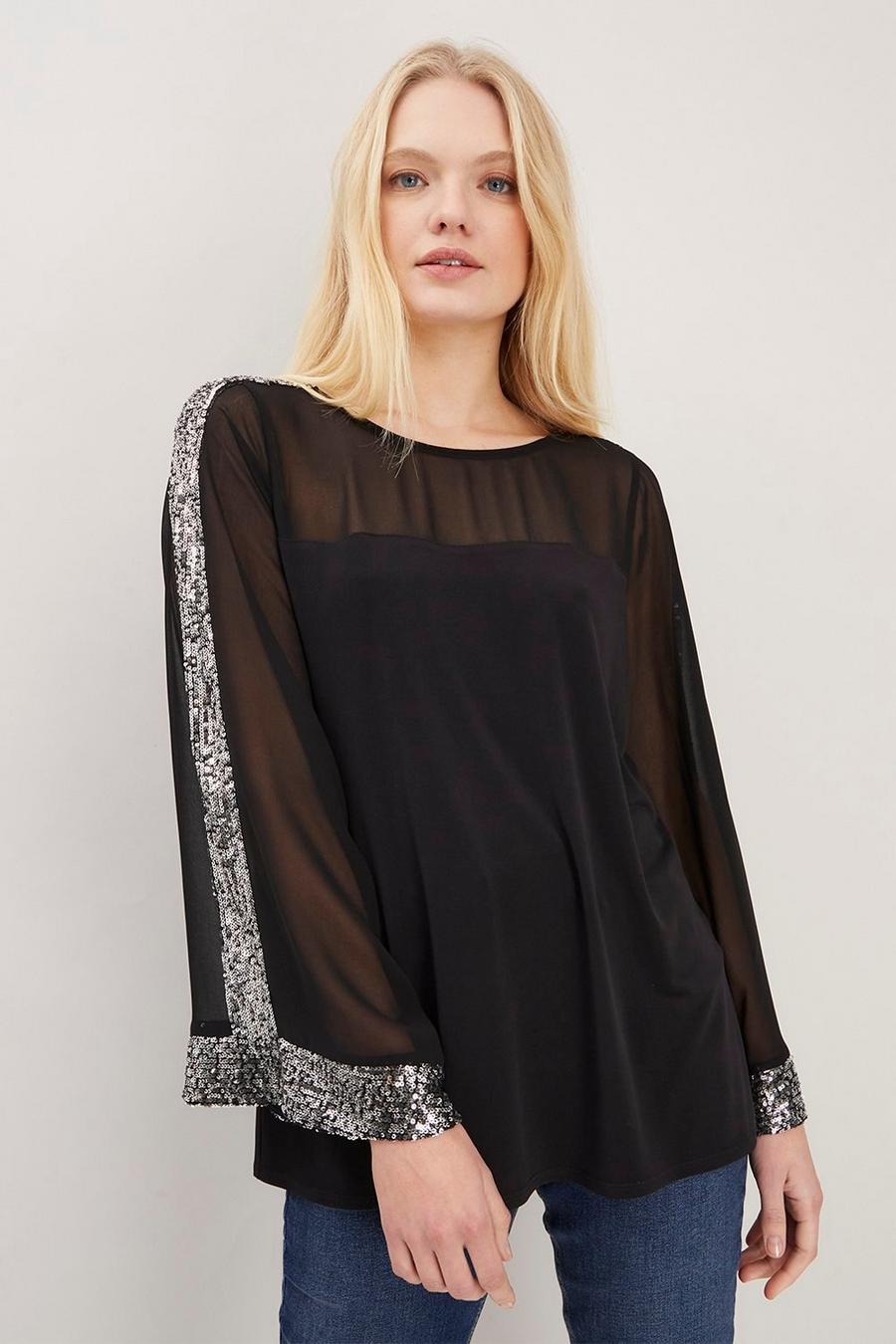 Silver Trim Chiffon Sleeve Party Top