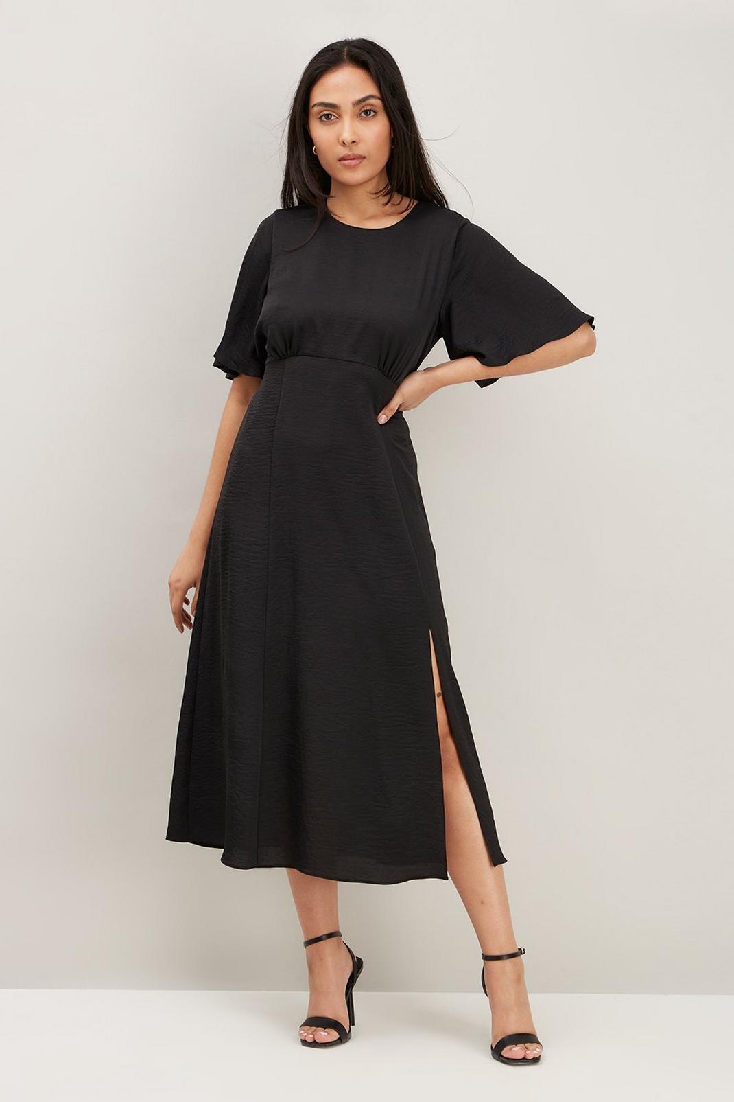 Black Petite Satin Midi Dress With Angel Sleeve image number 1