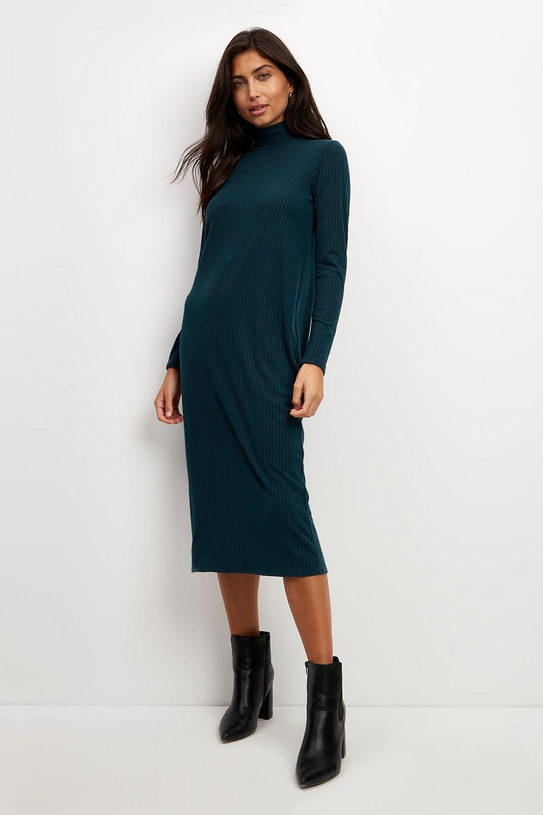 130 Soft Touch Rib Roll Neck Midi Dress image number 1