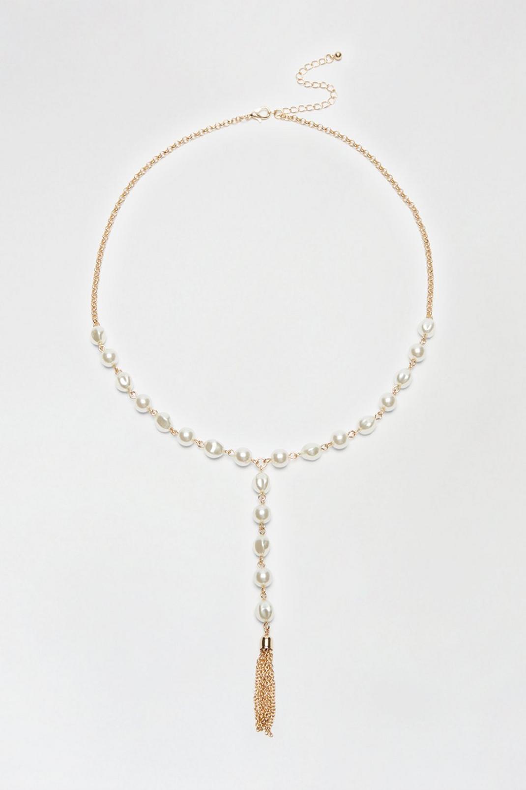 Gold Tassel Pearl Necklace image number 1