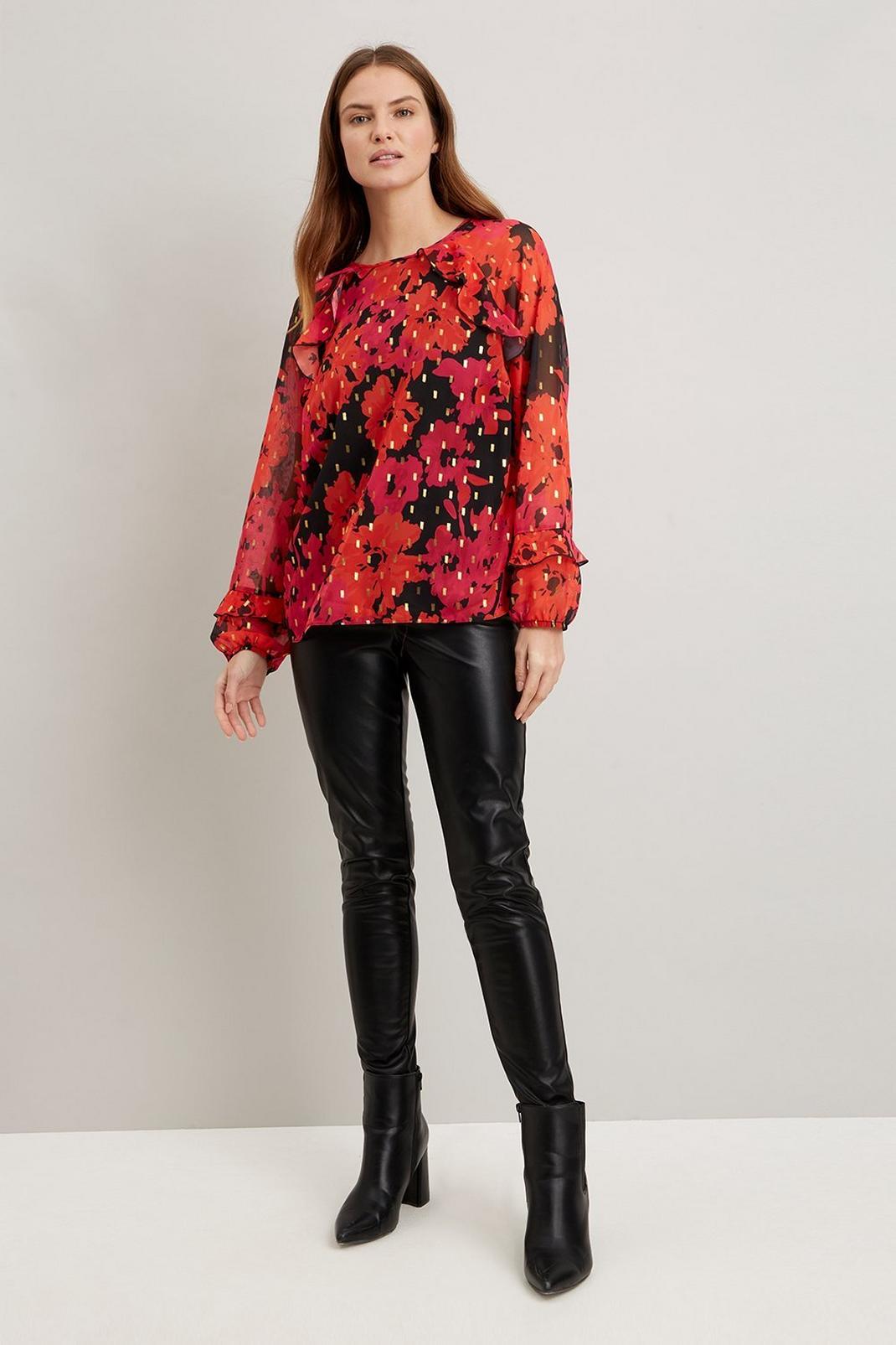 157 Red Floral Metallic Ruffle Blouse image number 2
