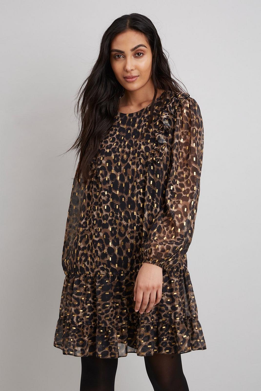 Animal Petite Metallic Leopard Frill Shift Dress image number 1
