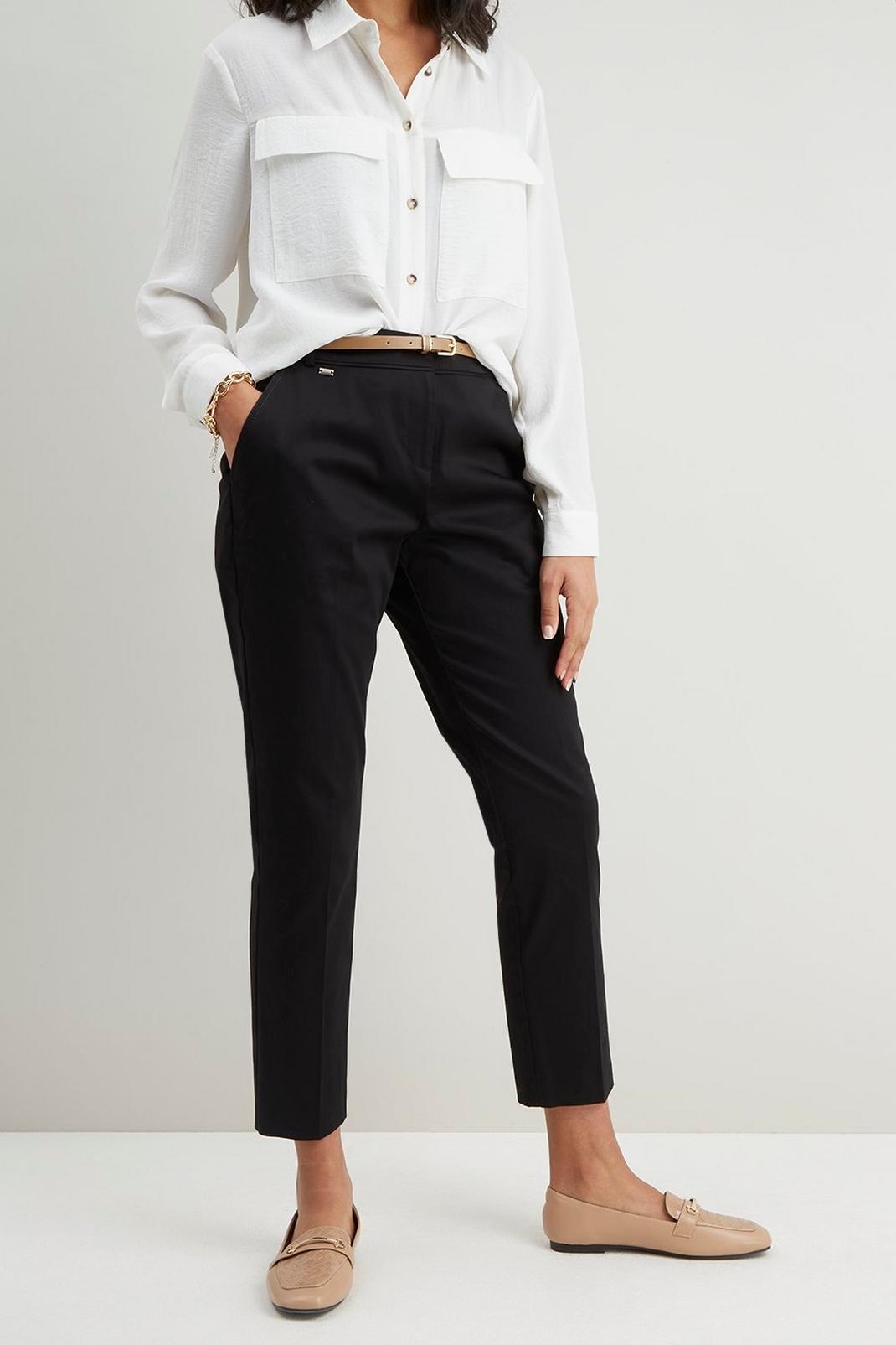 Black Petite Stretch Tapered Belted Trouser image number 1