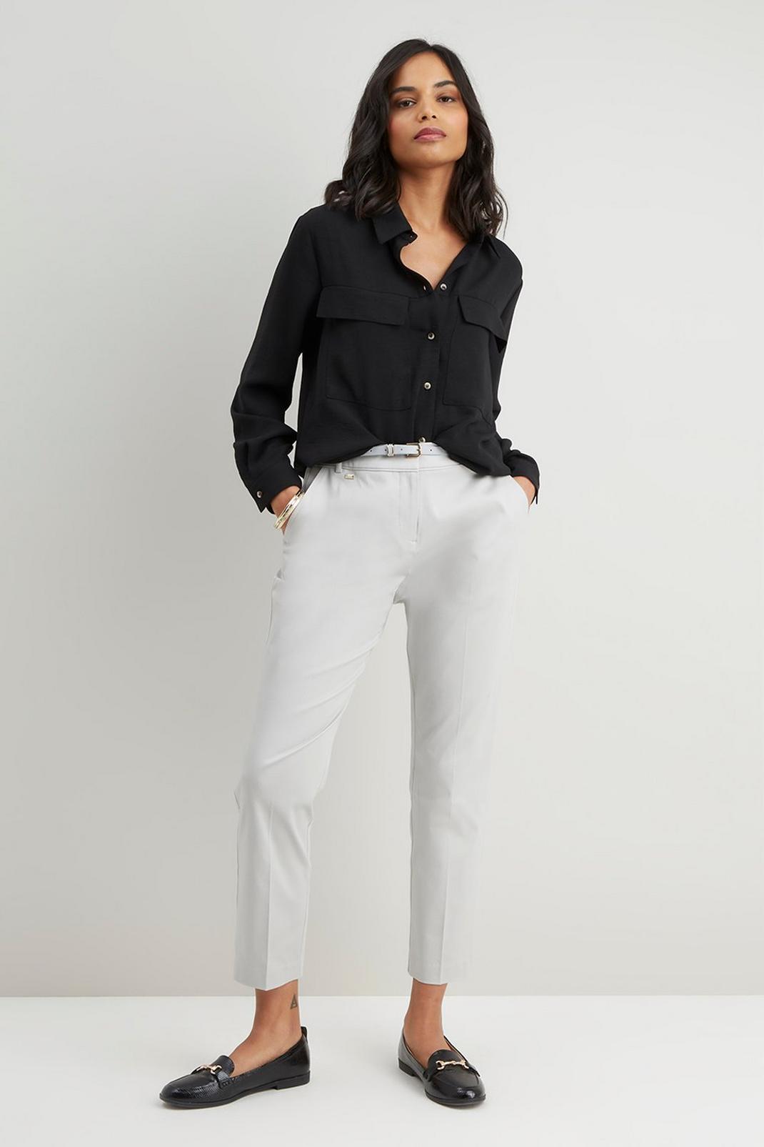 Grey Petite Stretch Tapered Belted Trousers image number 1