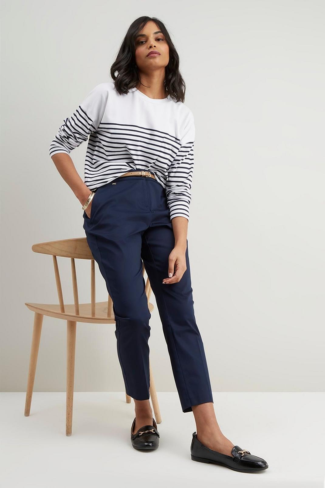 Navy Petite Stretch Tapered Belted Trousers image number 1