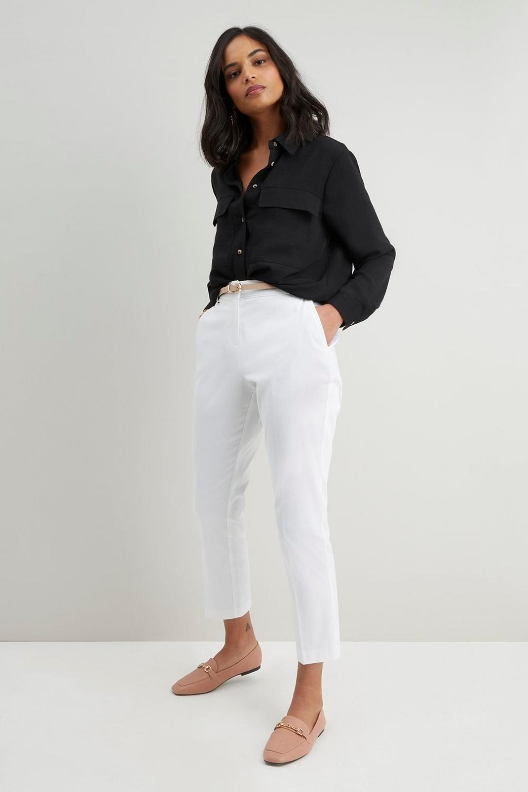 White Petite Stretch Tapered Belted Trousers image number 1