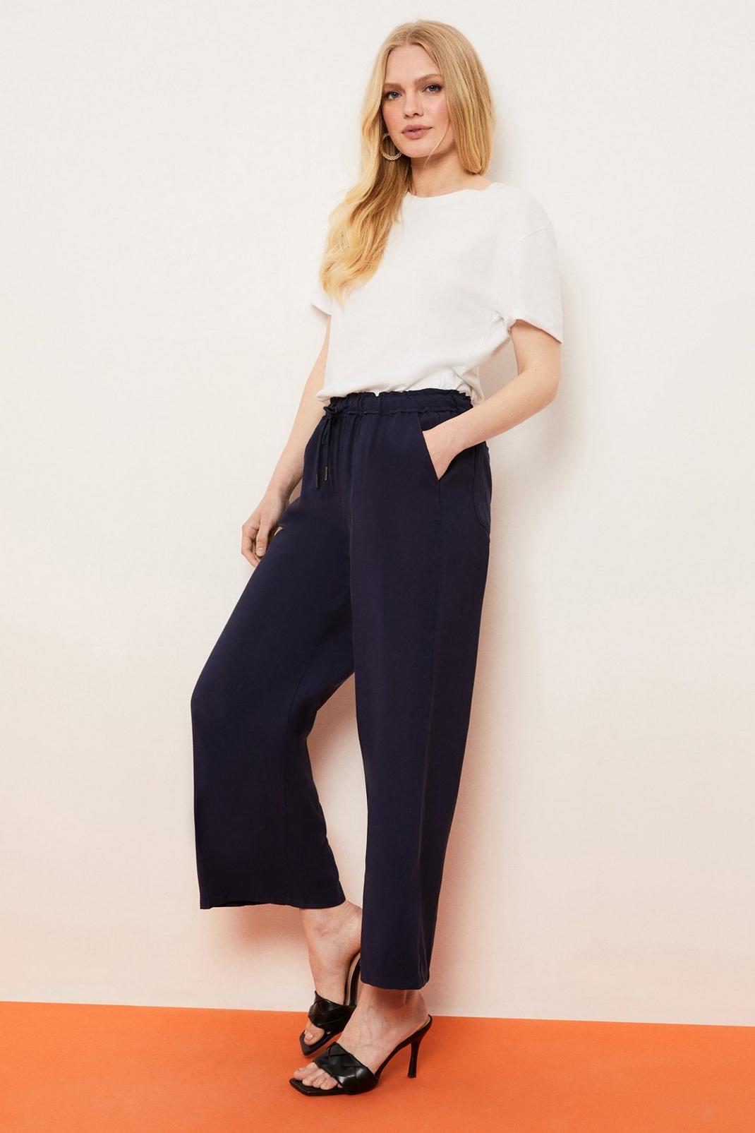 Navy Petite Elasticated Wide Leg Trousers image number 1