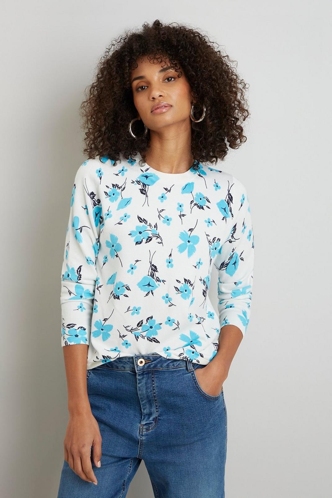 Turquoise Petite Ditsy Floral Crew Neck Jumper image number 1