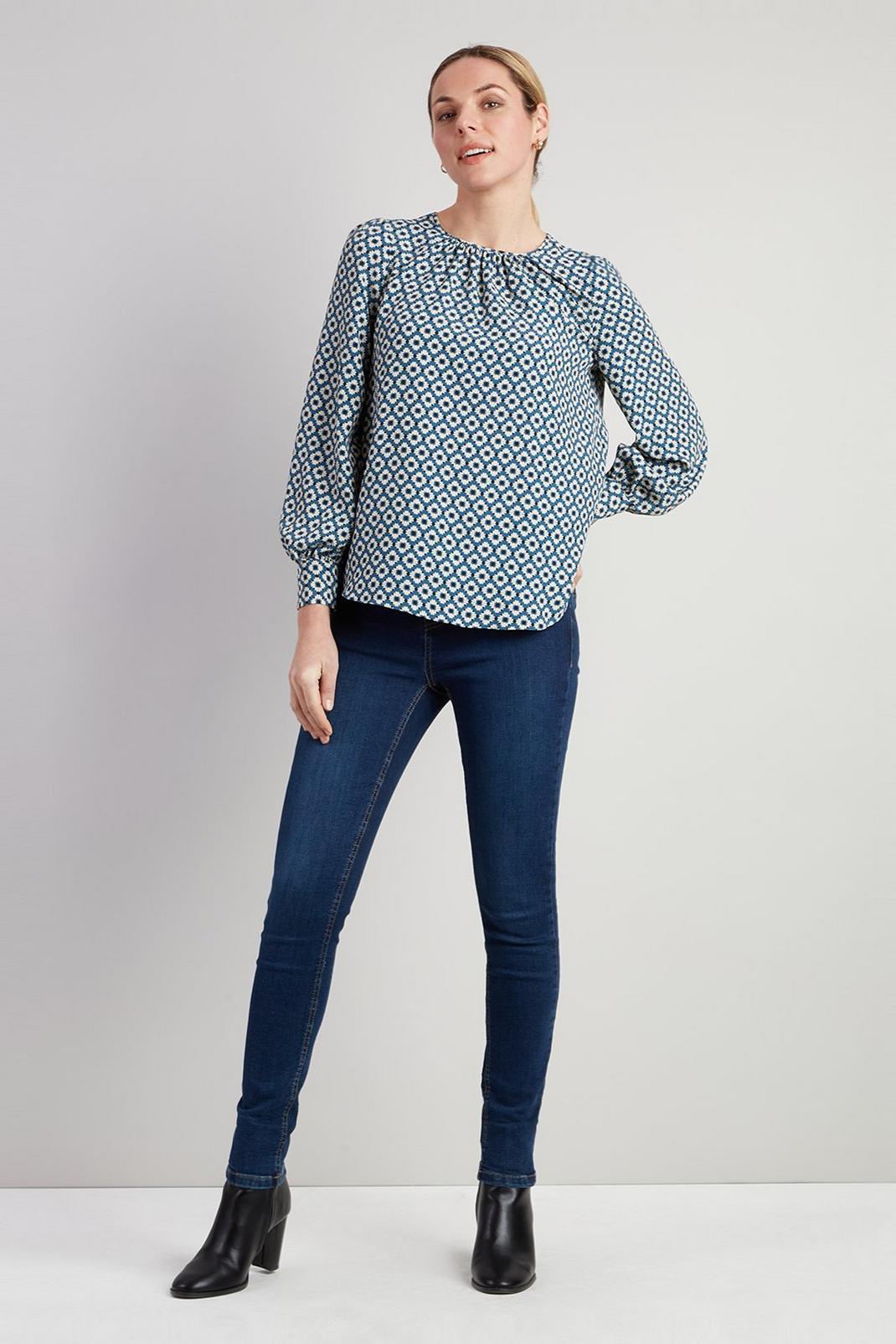 130 Blue Geo Print Roll Neck Blouse image number 2