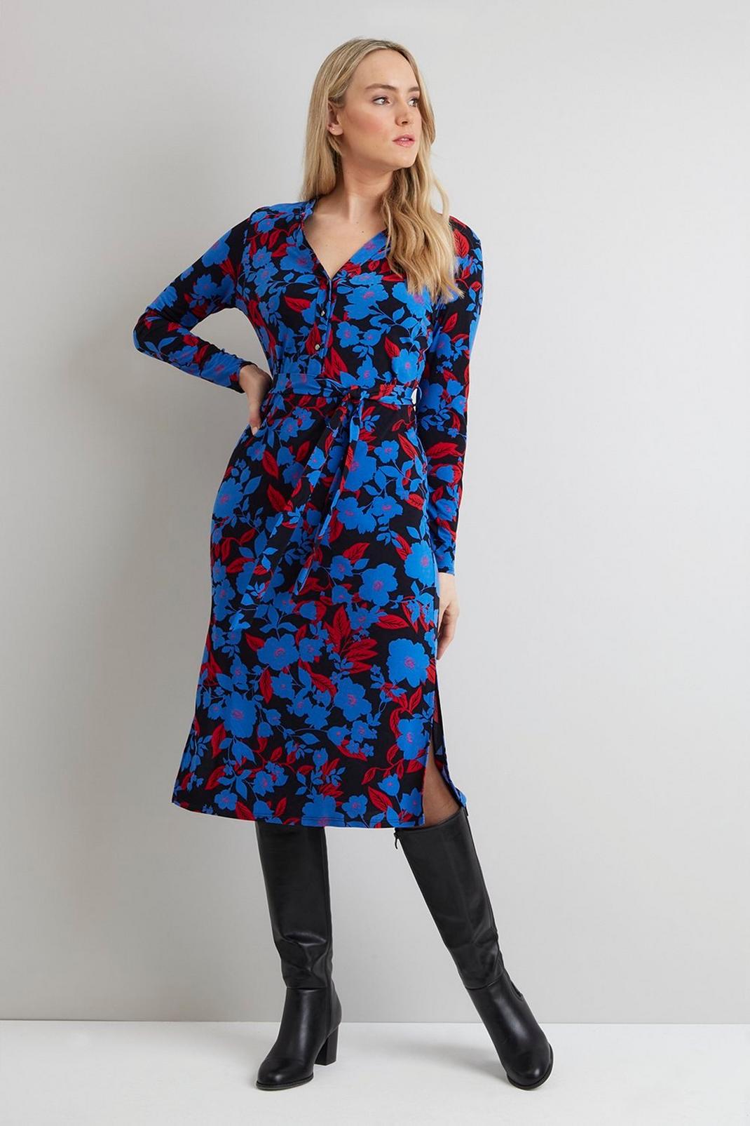 Mono Blue Floral Jersey Shirt Dress image number 1
