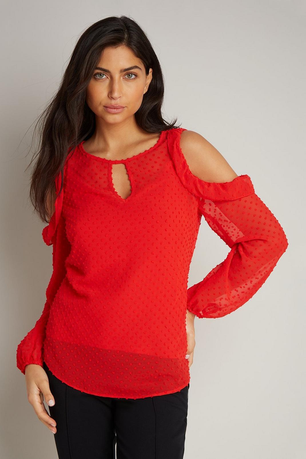 Red Textured Chiffon Cold Shoulder Blouse image number 1