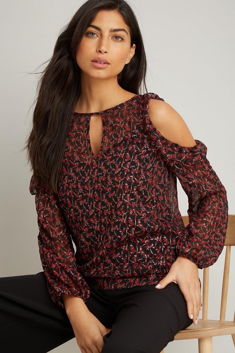 Red Metallic Ditsy Cold Shoulder Blouse