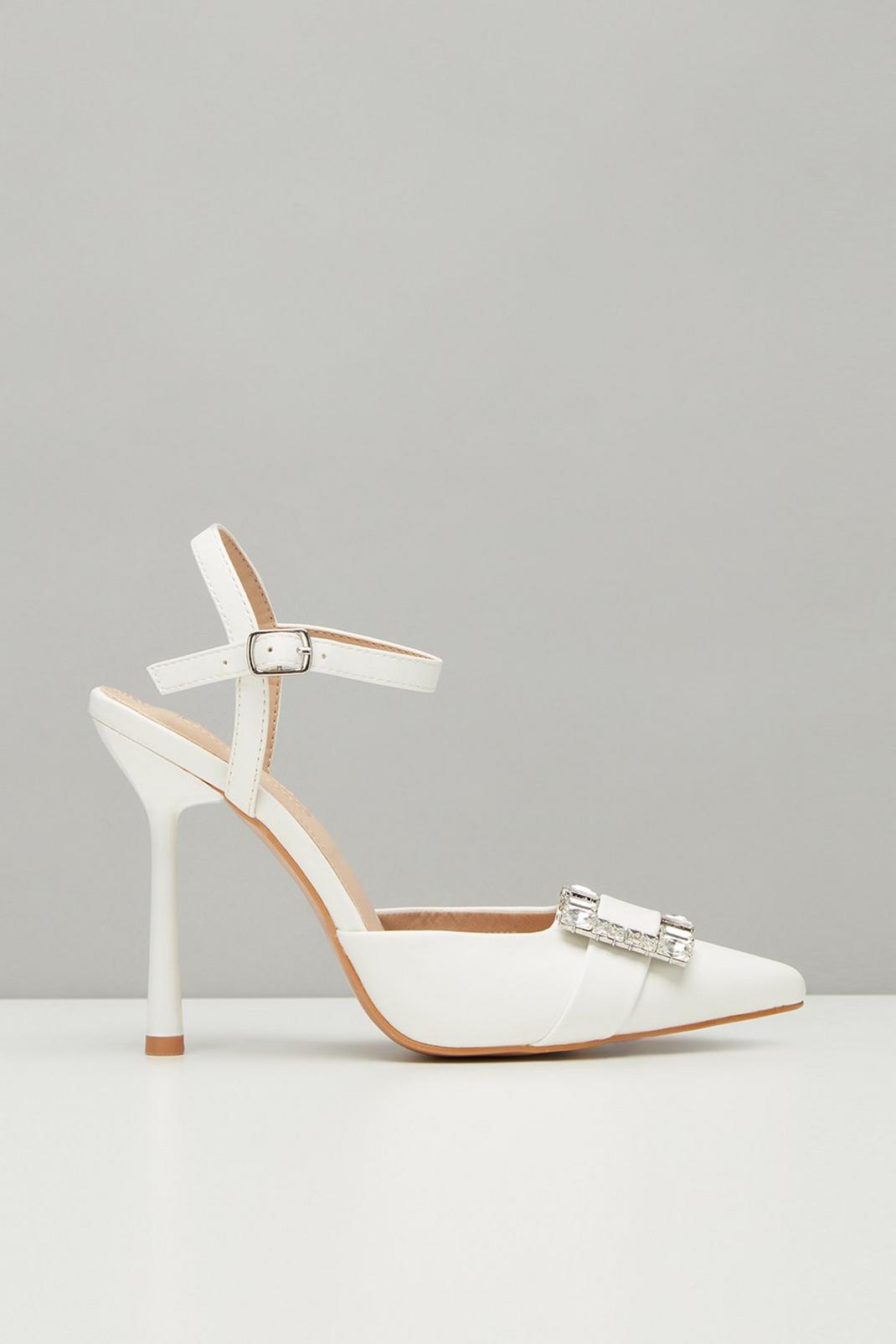 White Gorgeous Diamante Buckle Court Shoe image number 1