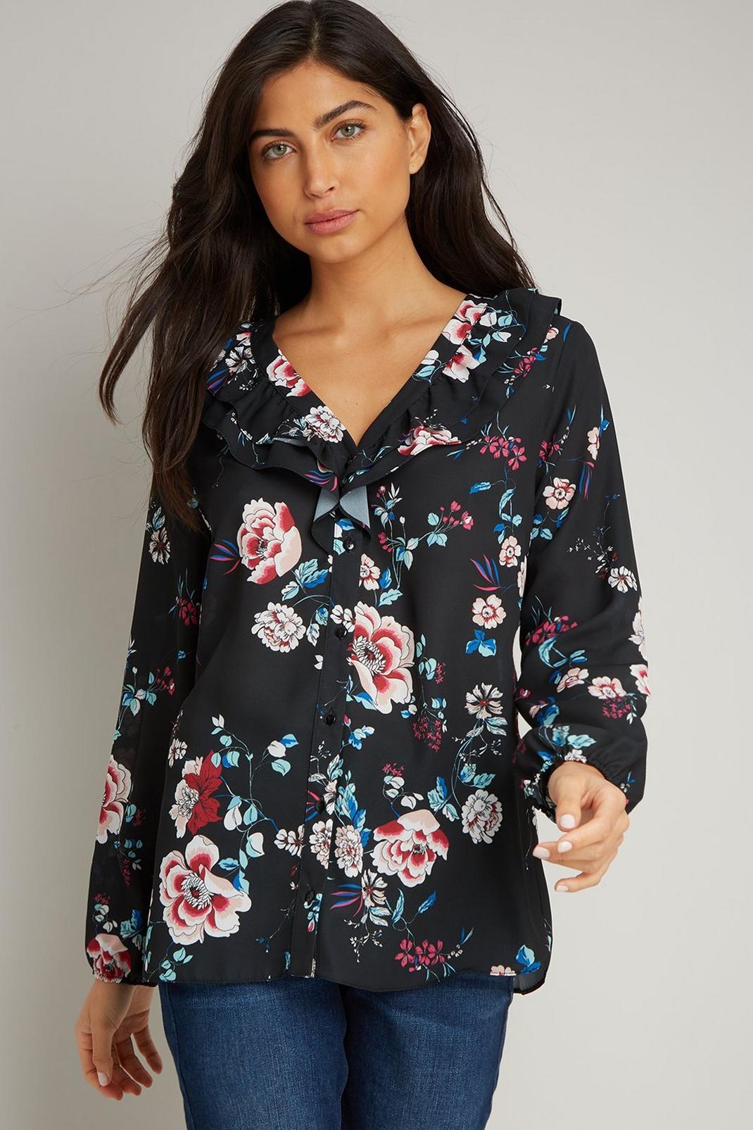 Black Winter Floral Ruffle Blouse image number 1