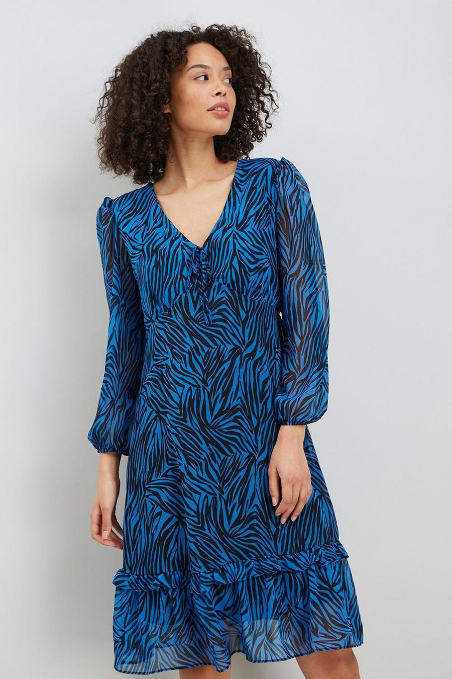 Petite Blue Zebra Frill Midi Dress