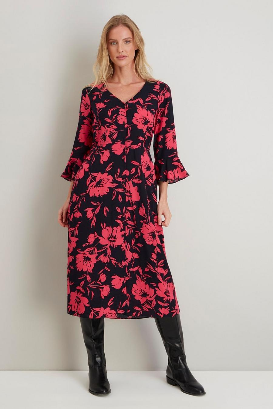 Black and Pink Floral Button Front Midi Dress