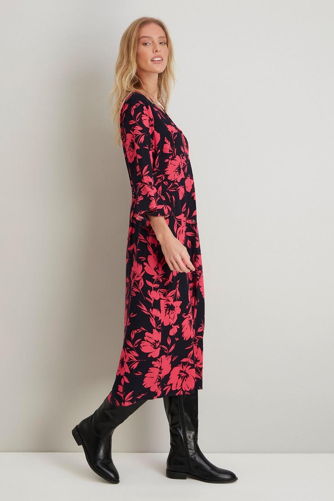 105 Black and Pink Floral Button Front Midi Dress image number 2