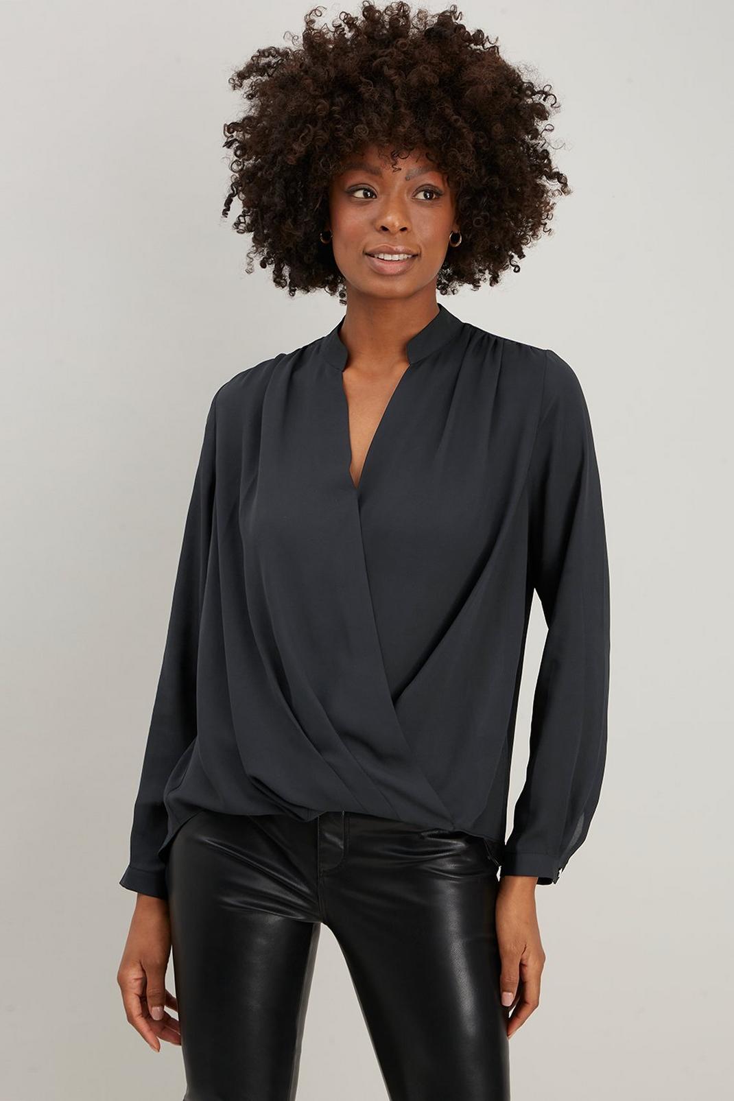 Black Double Layer Woven Drape Wrap Top image number 1
