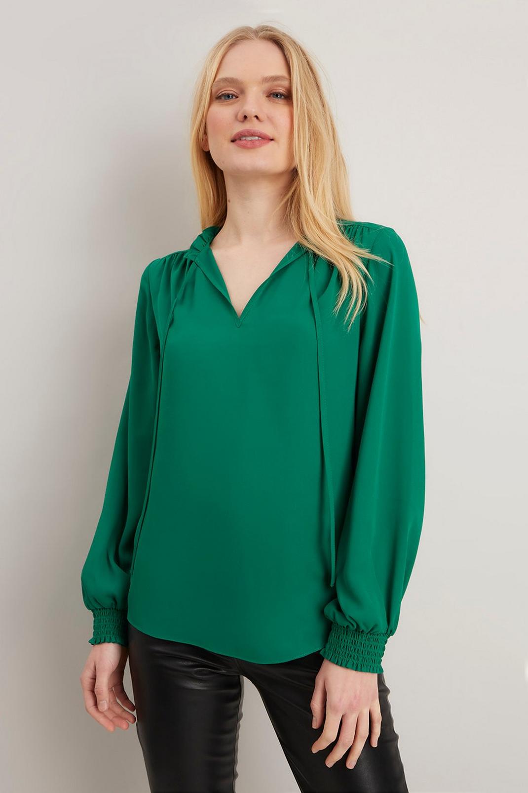 Green Tie Neck Blouse image number 1