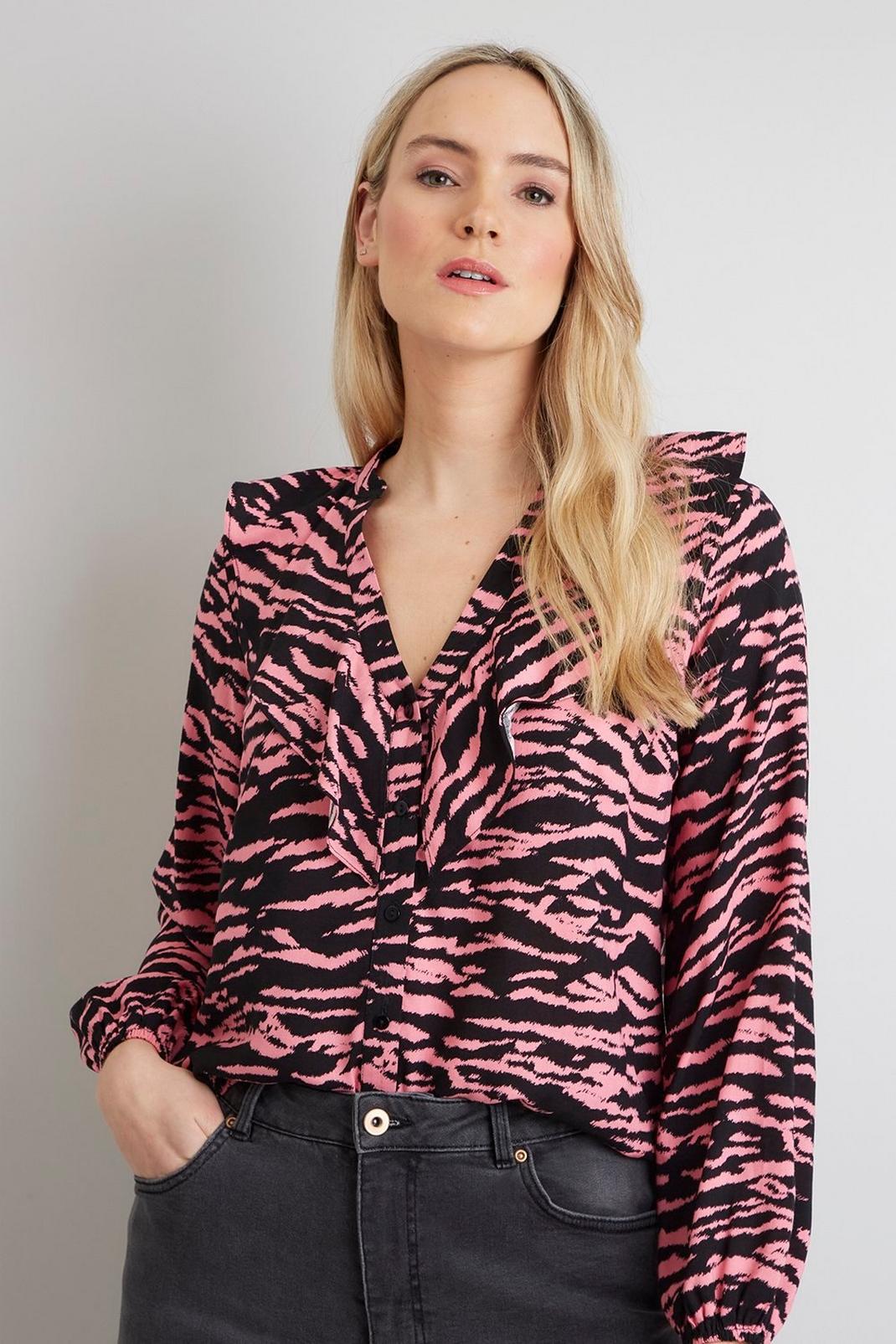 155 Pink Zebra Ruffle Neck Button Front Shirt image number 1