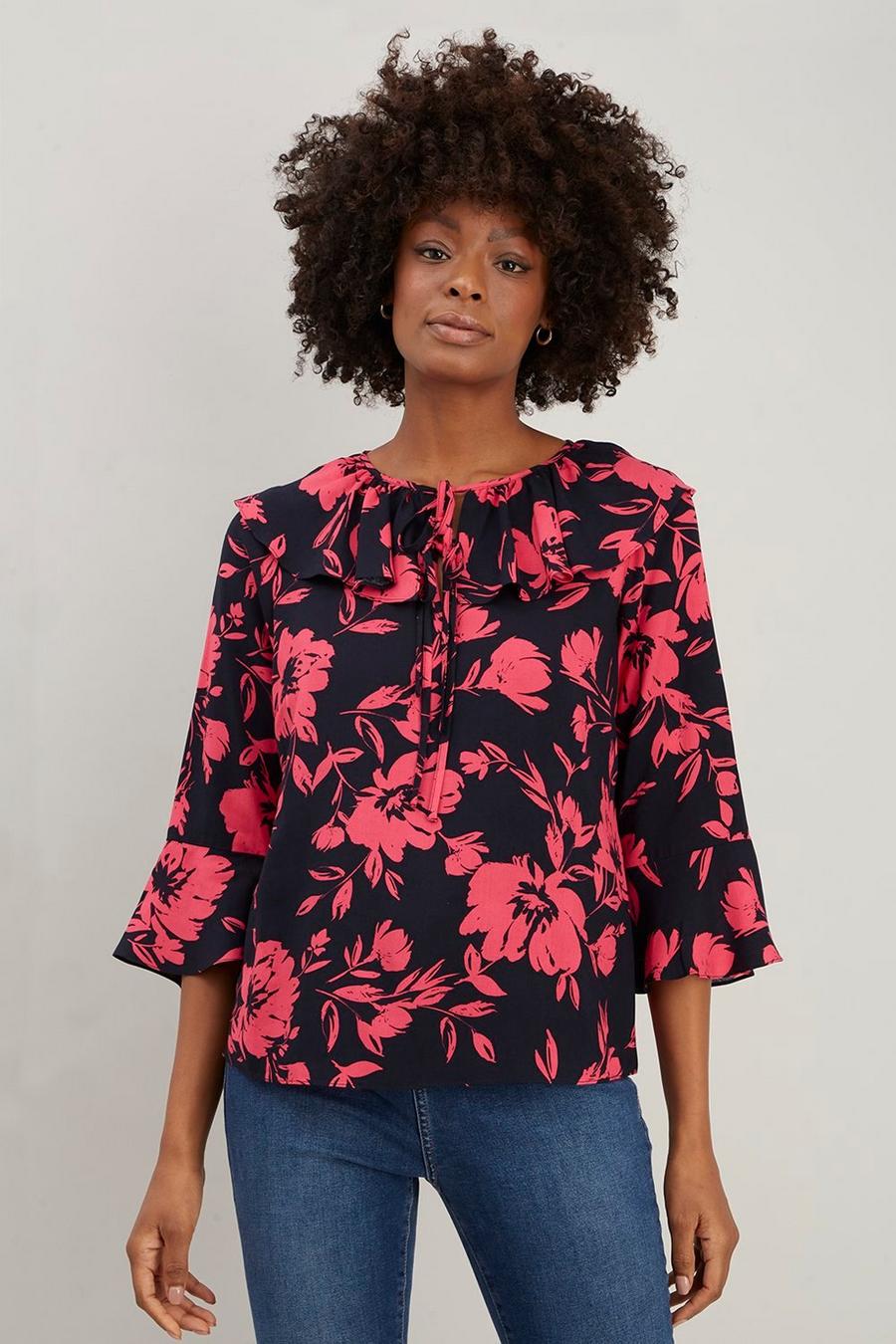 Black and Pink Floral Ruffle Tie Neck