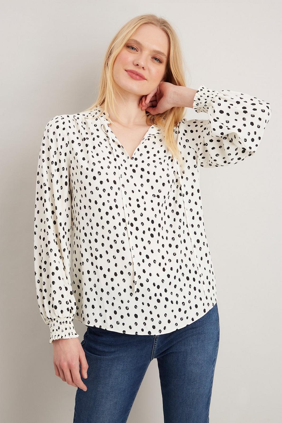 White Ivory Spot Tie Neck Blouse image number 1
