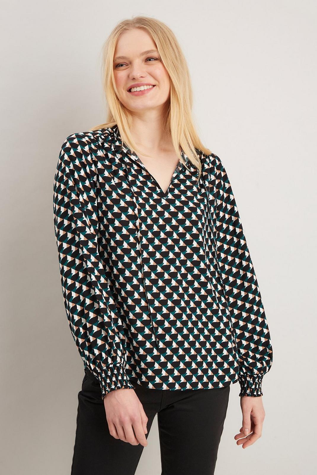 Green Geo Tie Neck Blouse image number 1