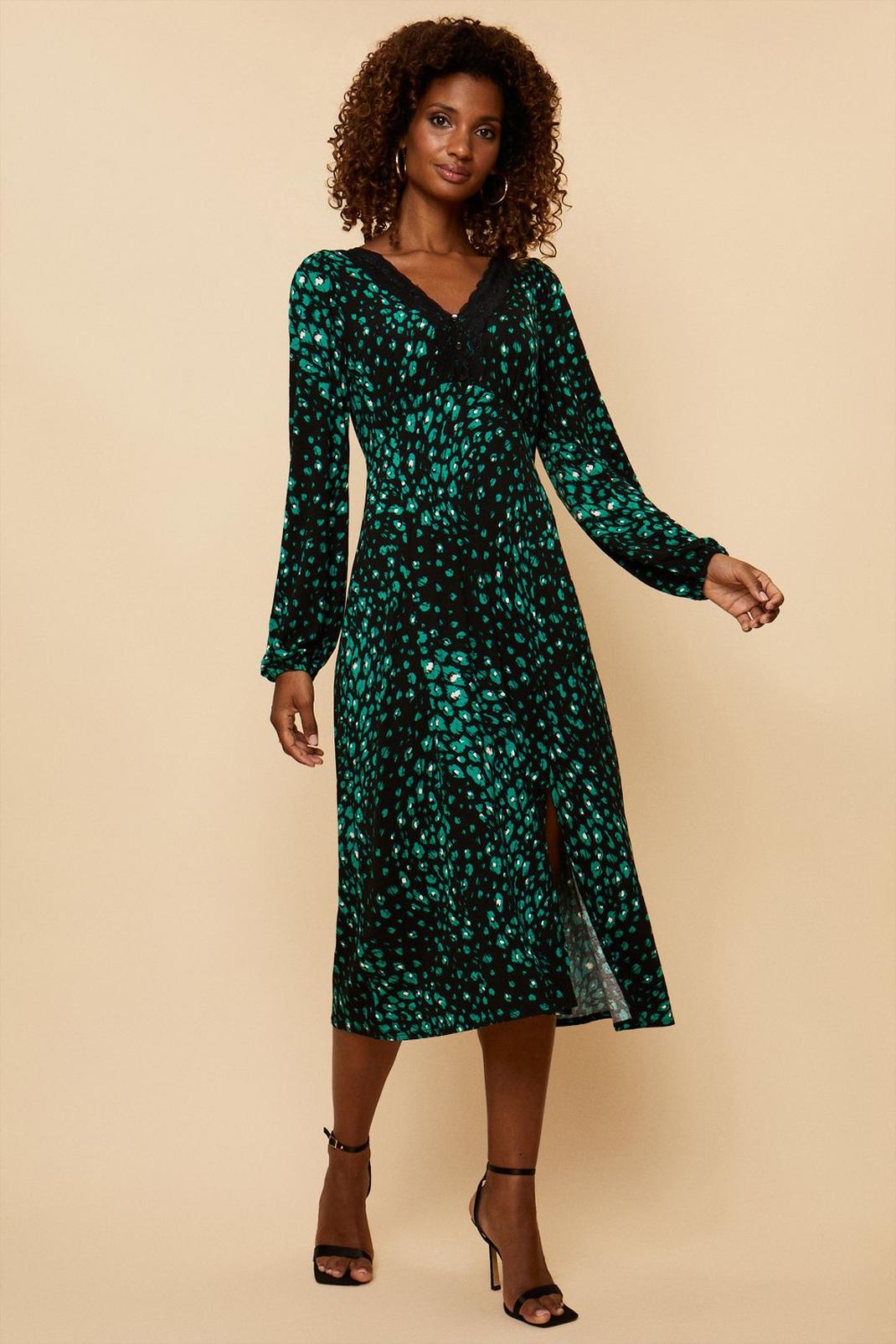 Green Spot Lace Trim Jersey Midi Dress image number 1