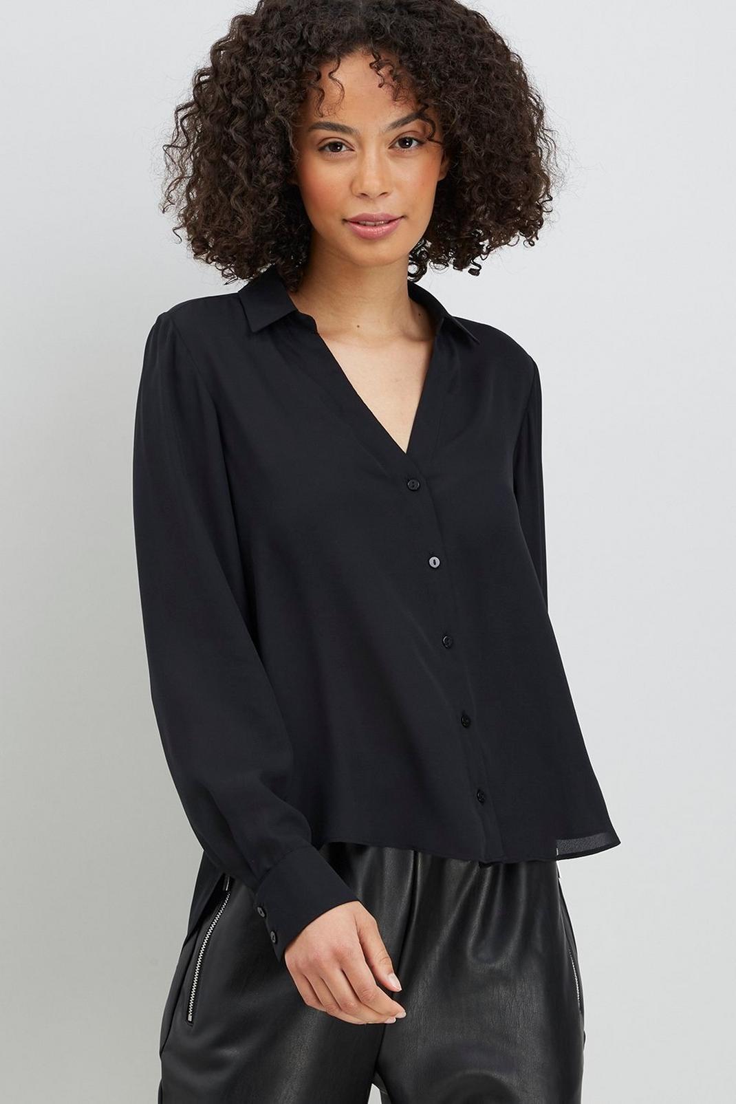Black Woven Button Down Shirt image number 1