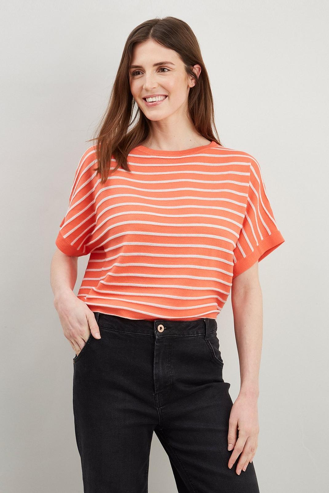 Coral Stripe Round Neck Knitted T Shirt image number 1