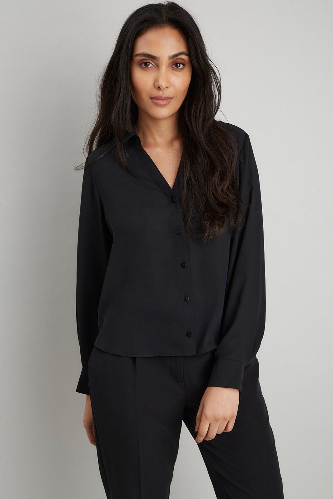 Black Petite Woven Button Down Shirt image number 1