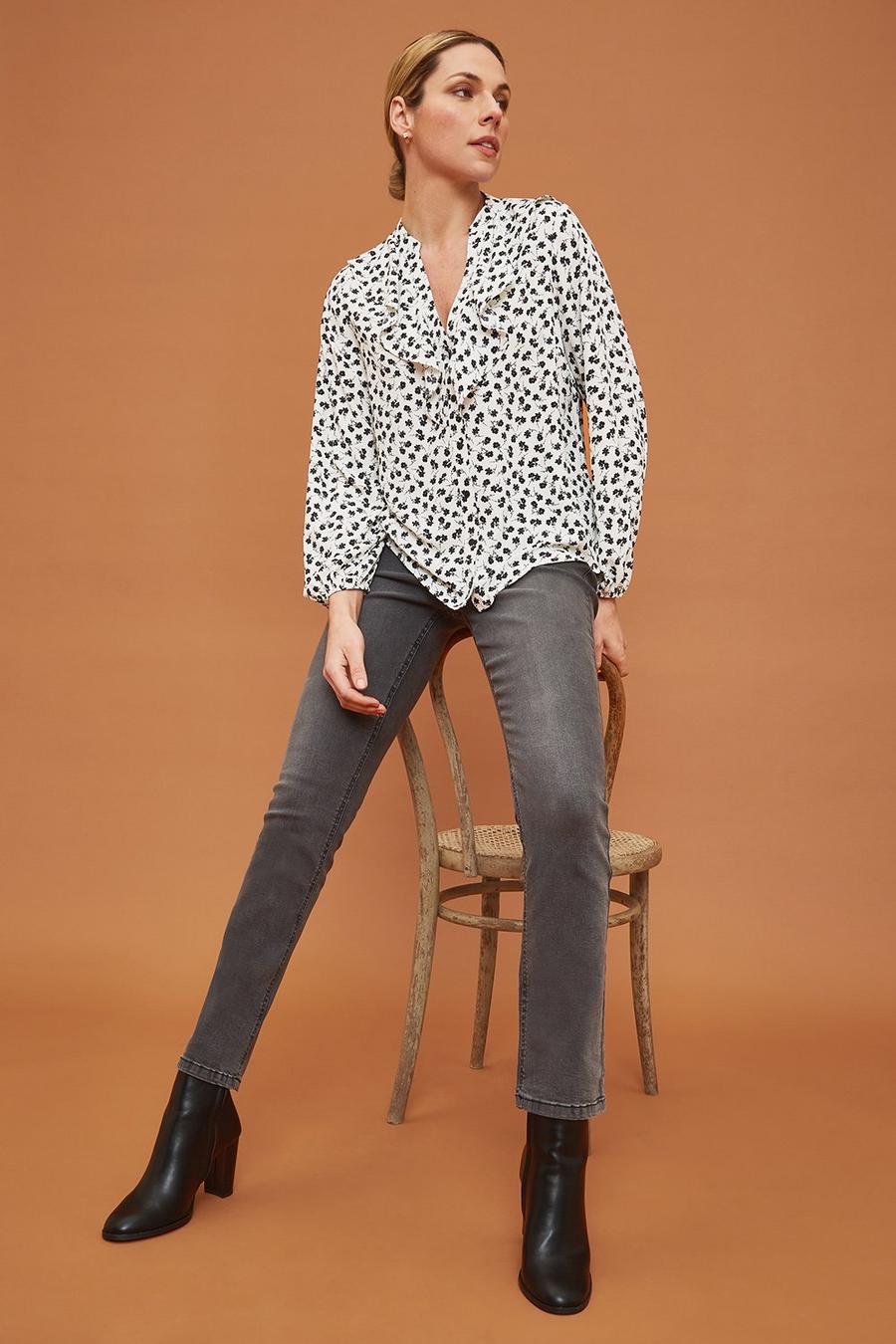 Floral Ruffle Neck Button Front Shirt