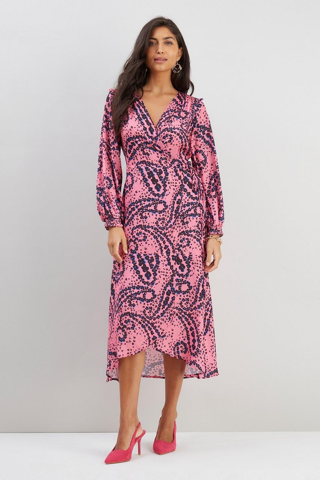 155 Pink Animal Print Wrap Dress image number 1