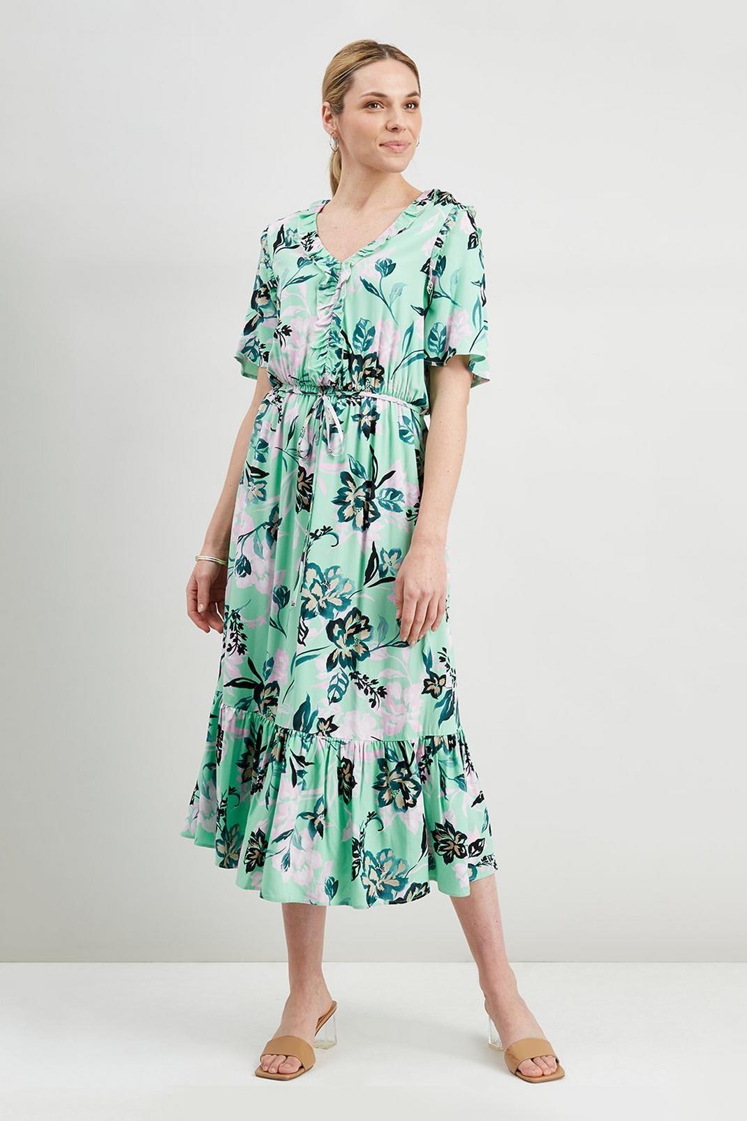 Green Floral Tiered Button Dress image number 1