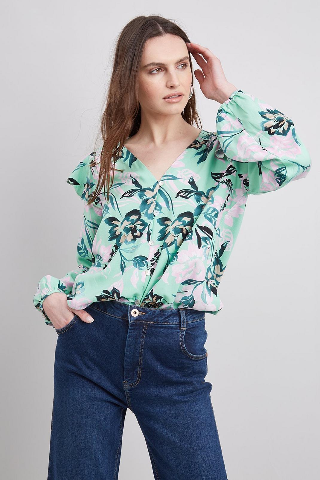 Green Floral Ruffle Shoulder Button Top image number 1