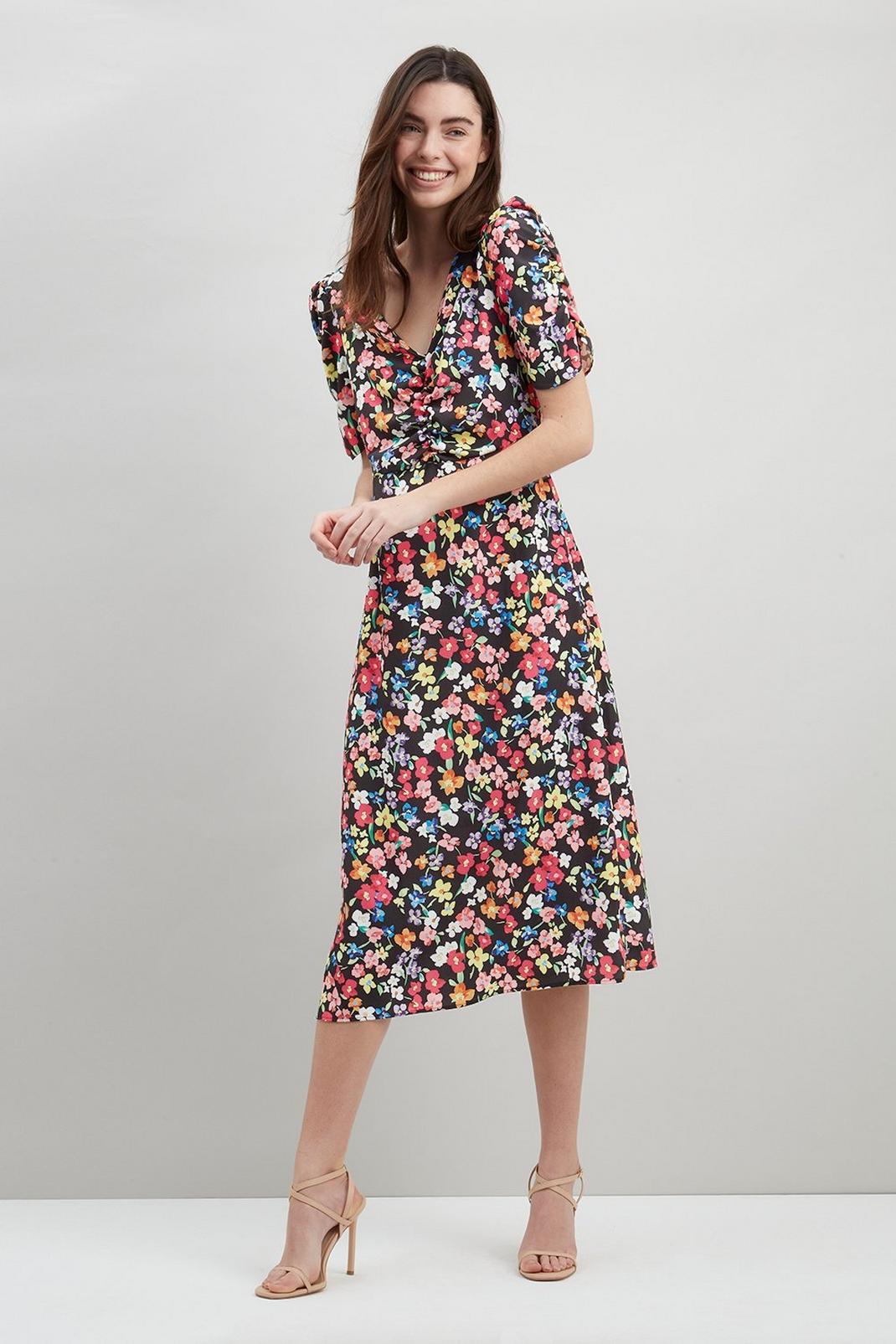Multi Ditsy Floral Gathered Detail Midi Dress image number 1
