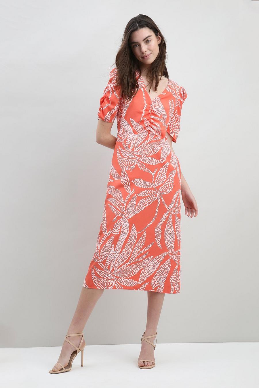 Leaf Print Gathered Detail Midi Dress