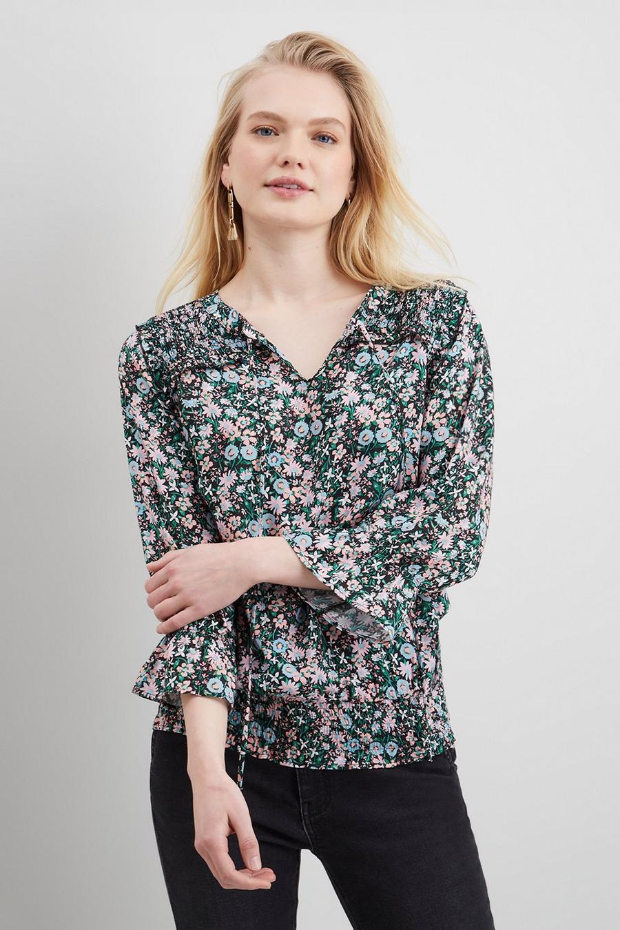 Ditsy Floral Shirred Detail Bubble Hem Top