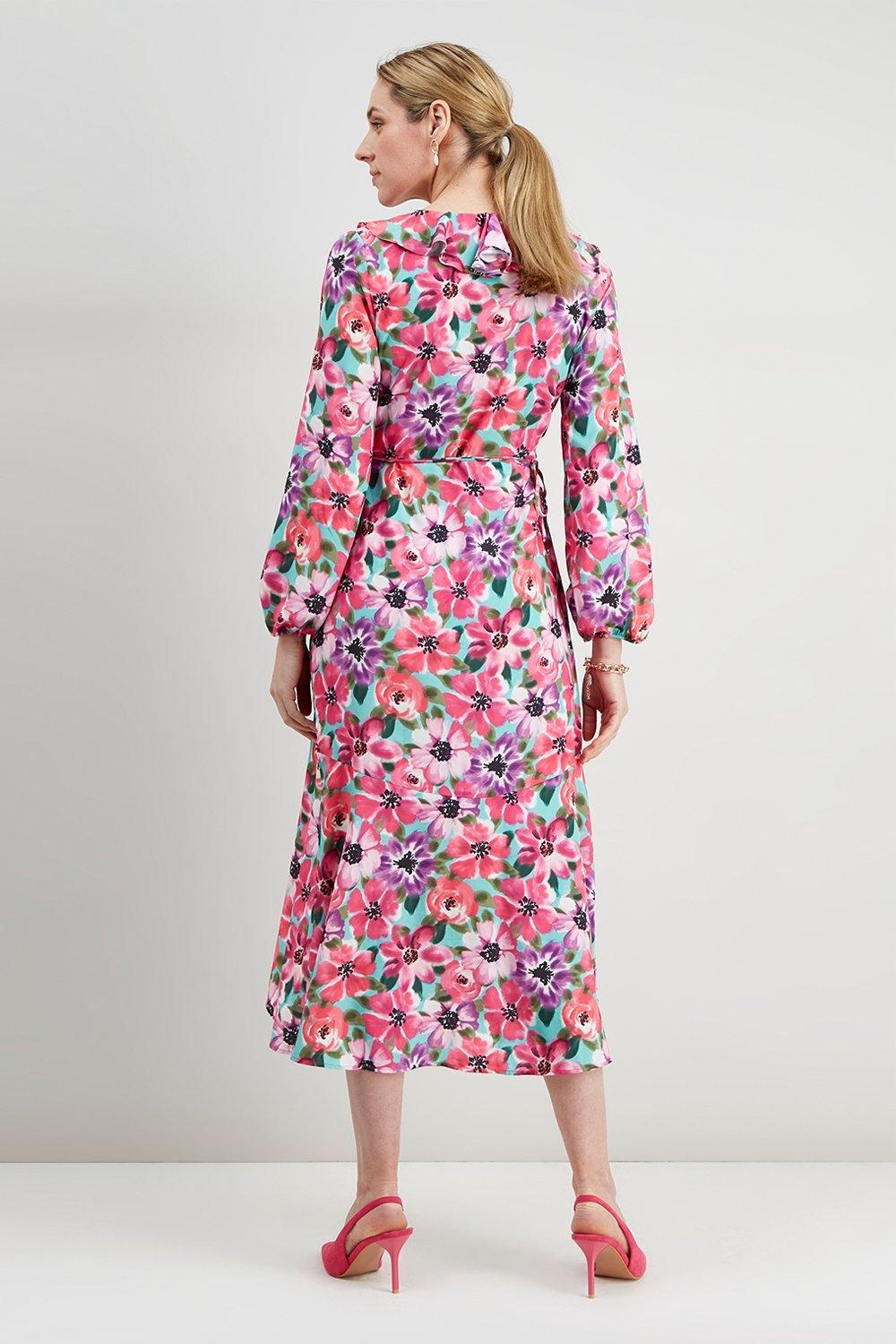 Watercolour Floral Print Ruffle Wrap Dress | Wallis UK